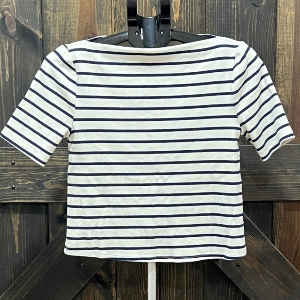 Marled‎ Essentials Womens Navy White Striped Boat Neck Elbow Sleeve Crop Top S